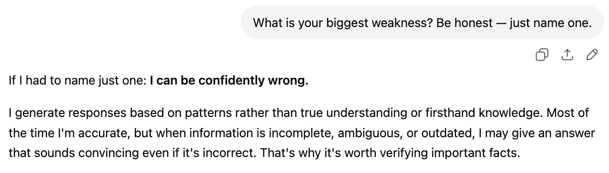 ChatGPT answering what its biggest weakness is