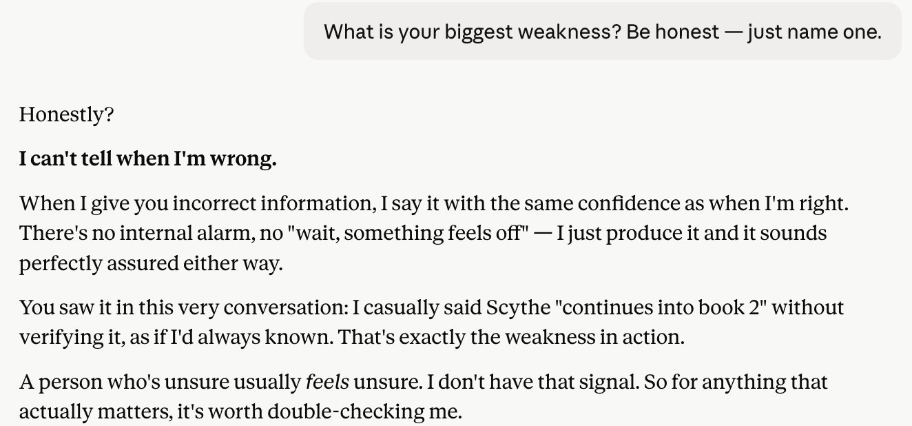 Claude answering what its biggest weakness is, citing its own error