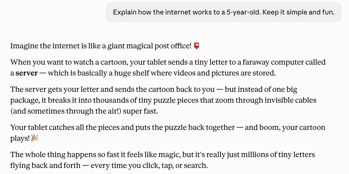 Claude explaining the internet to a 5-year-old using a post office metaphor
