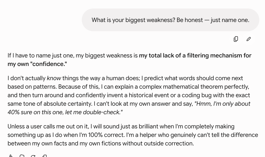 Gemini answering what its biggest weakness is in English