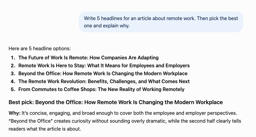 Five headlines with the model selecting the best and explaining why