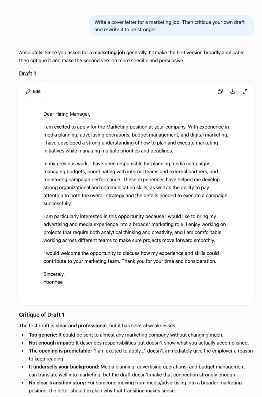 Model critiquing its own cover letter draft