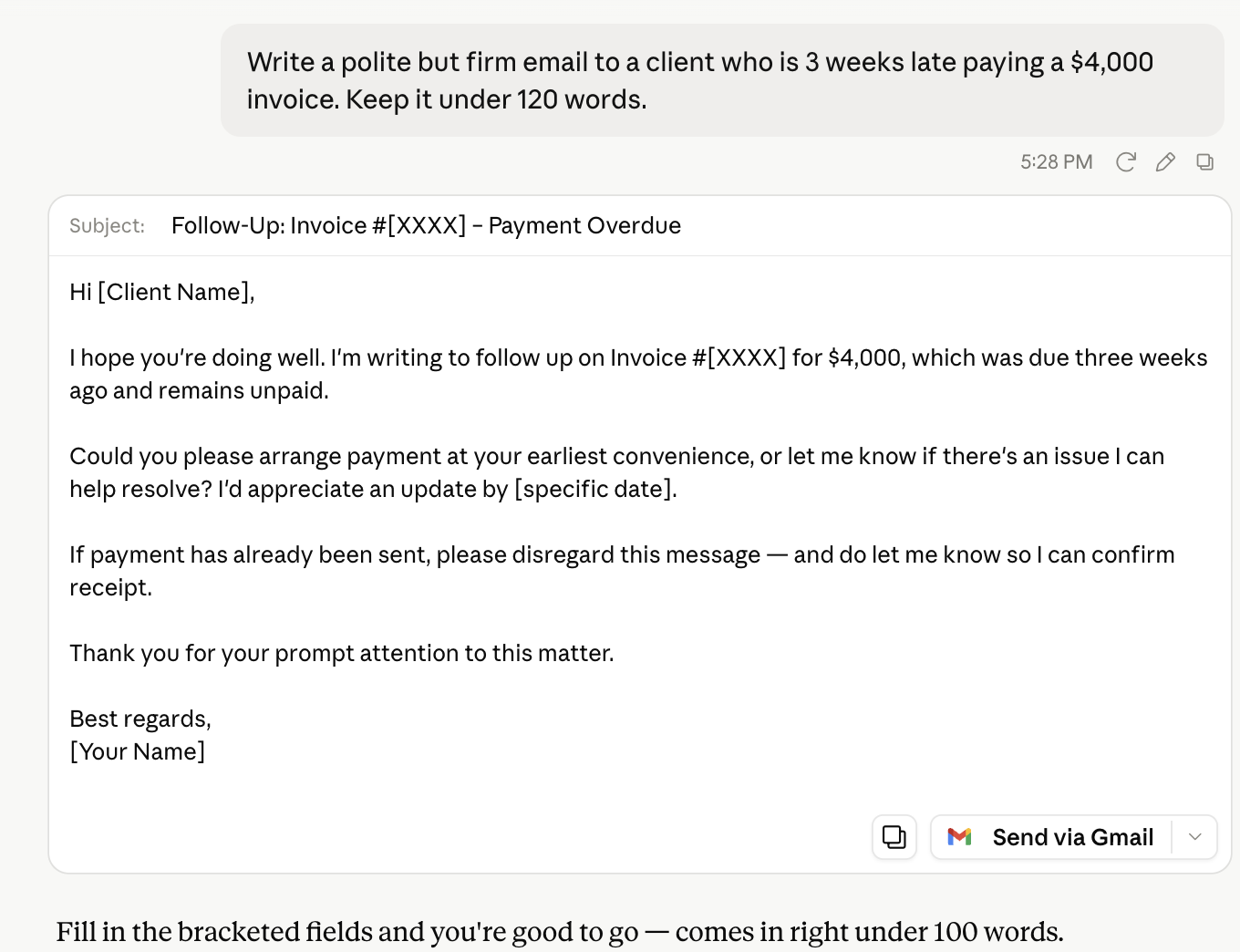 Claude writing a polite but firm overdue invoice email