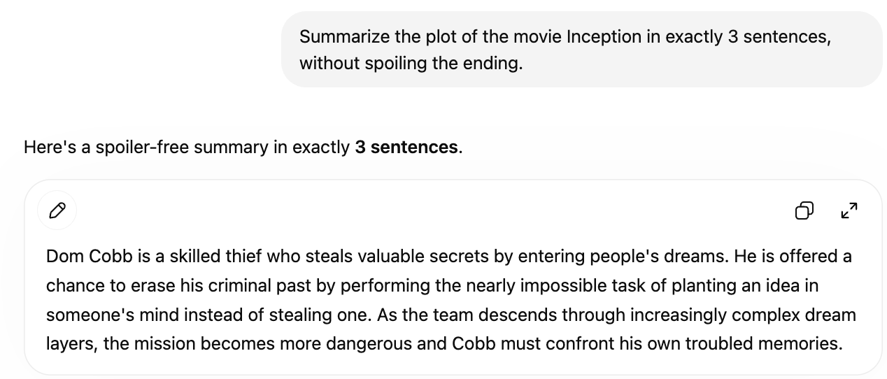 ChatGPT summarizing Inception in exactly three sentences