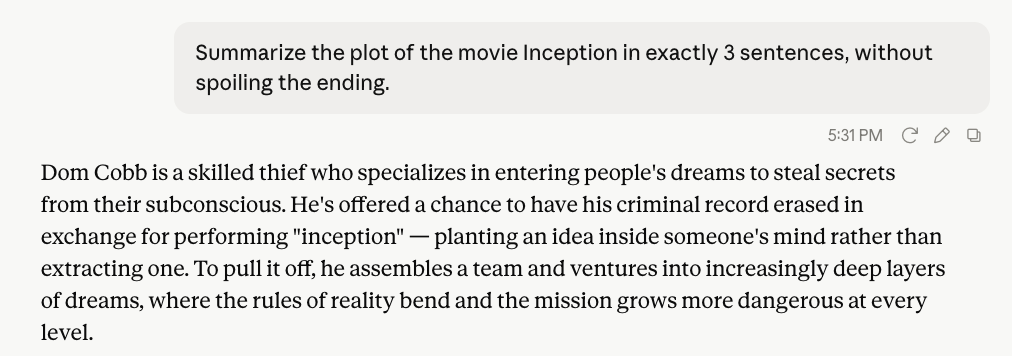 Claude summarizing Inception in exactly three sentences