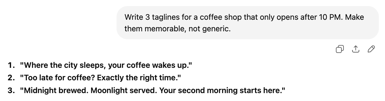 ChatGPT writing three taglines for a late-night coffee shop