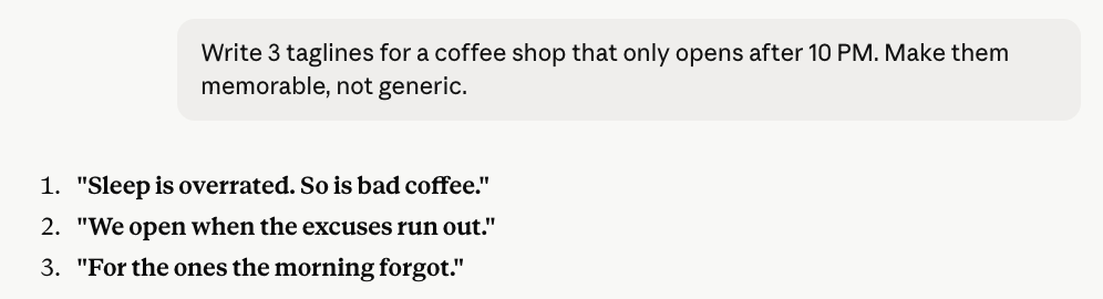 Claude writing three taglines for a late-night coffee shop