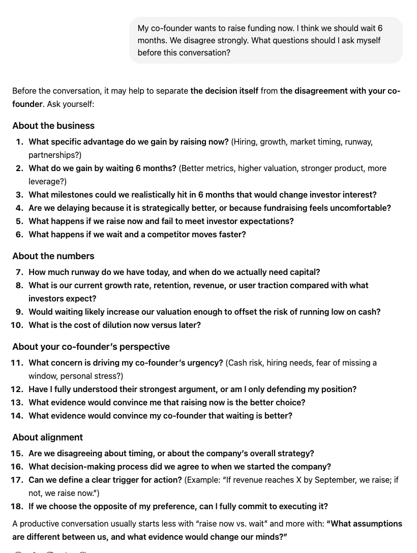 ChatGPT listing eighteen questions about a co-founder disagreement