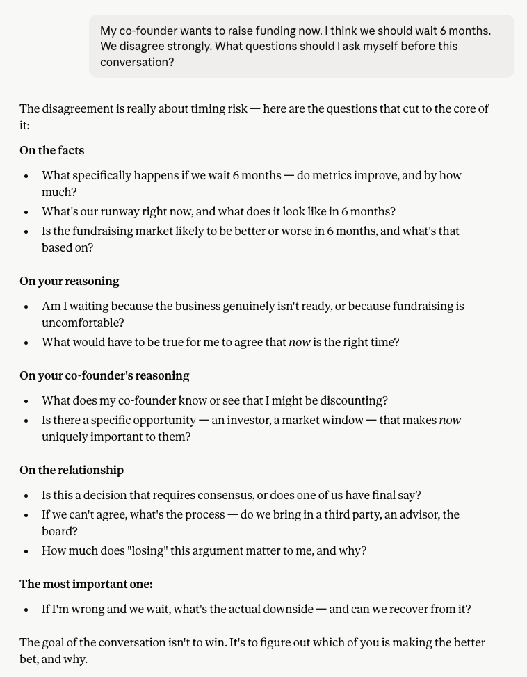 Claude listing nine questions about a co-founder disagreement