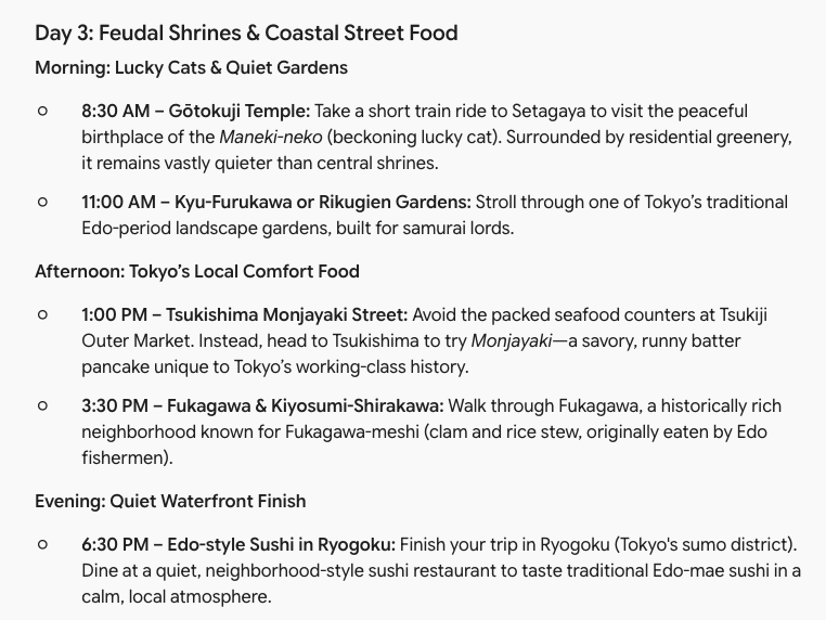 Gemini Tokyo itinerary with rich historical context for each stop